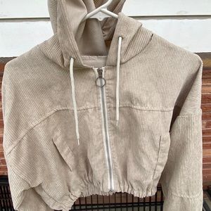 Solid zip-up Corduroy Hooded Jacket